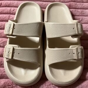 UNISEX CLOUD DOUBLE BUCKLE ADJUSTABLE SANDAL SLIDES  tan Men9.5-10.5,W 11.5-12.5